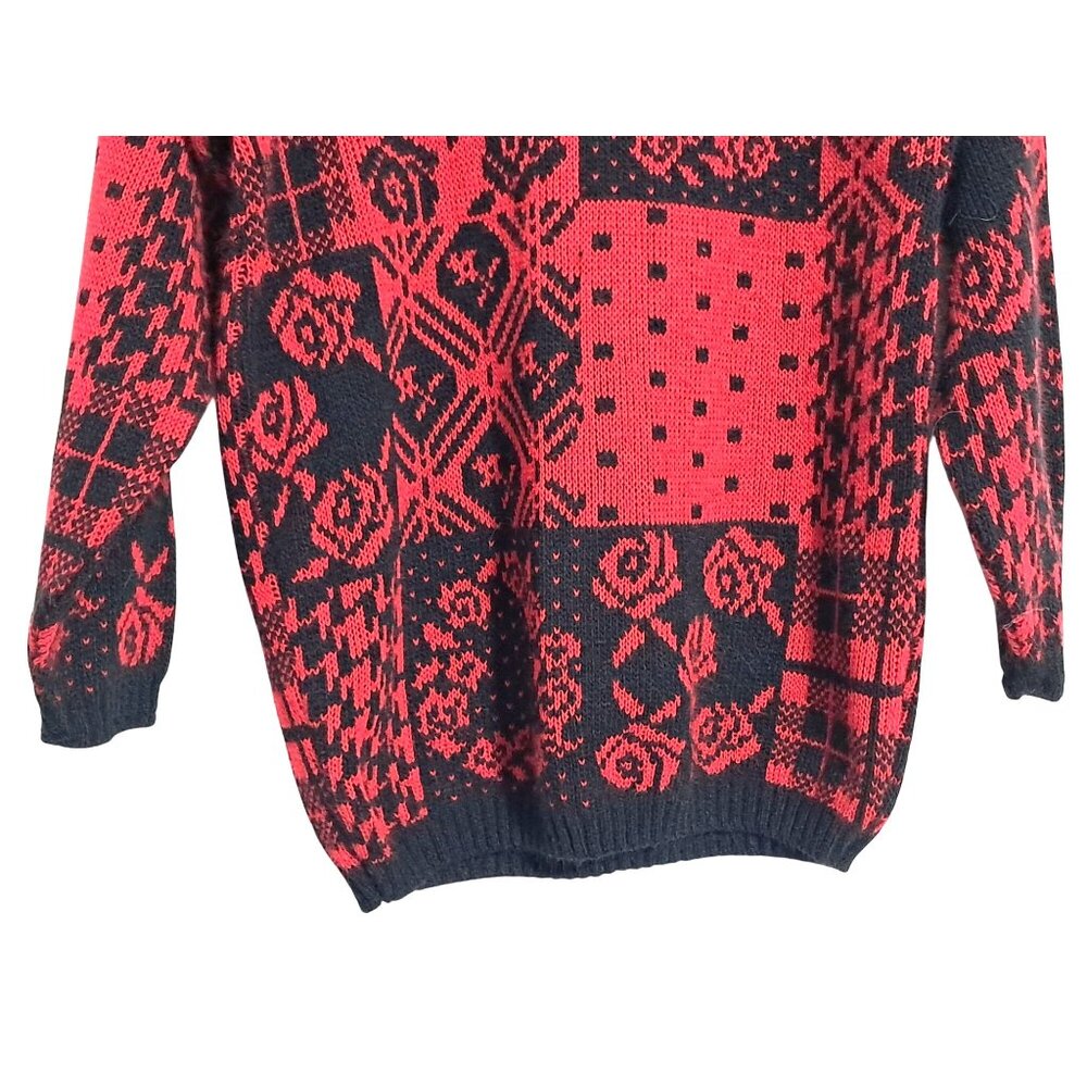 Vintage 80s Floral Sweater Womens S Red & Black Patchwork by Separate Issue - Picture 5 of 9
